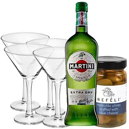 Набір: вермут Martini Extra Dry 18% 0,.5 л + оливки Nefeli Halkidiki зелені фаршировані блакитним сиром у розсолі 300 г + набір келихів S&T для мартіні 260 мл 4 шт.
