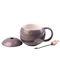 Чашка керамічна Happy Life Космонавт з кришкою та ложкою сіра 400 мл HP877G - мініатюра 2