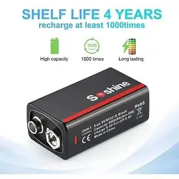 Акумулятор крона 6F22 Soshine 9V 500 mAh з Type-C зарядкою / Батарейка акумуляторна (18885) - мініатюра 3