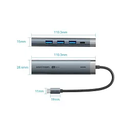Концентратор Vention USB-C 5-in-1 3xUSB 3.0 + HDMI 4K60Hz + USB-C PD100W gray (TGMHB) - мініатюра 2