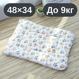 М’який плюшевий килимок-лежанка для котів та собак, теплий двосторонній матрацик, 48×34, до 9 кг, білий з лапками KT8001122