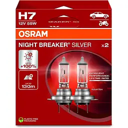 Комплект галогенових ламп Osram 64210NBS-2HB Night Breaker Silver +100% H7 55W 12V PX26d 2шт/комп