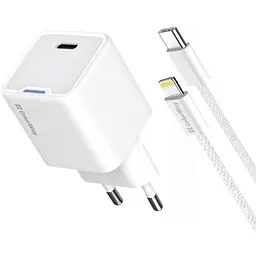 Зарядний пристрій ColorWay C101D GaN Mini 20W PD PPS USB-C + cable USB-C to Lightning white (CW-CHS059PDL-WT)