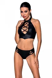 Комплект из эко-кожи: бра и трусики с имитацией шнуровки Passion Nancy Bikini, L/XL, черный