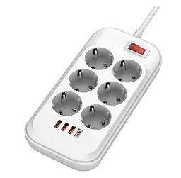 Мережевий фільтр-подовжувач ColorWay CHE64-PD, 6 розеток, 4xUSB (Type-C PD20W + 3 USB QC3.0), 38 W, 2 м, White
