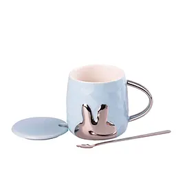 Чашка керамічна Happy Life Rabbit з кришкою та ложкою блакитна 300 мл HPCYM0877BL - мініатюра 2