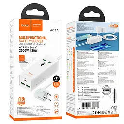 Мережевий зарядний пристрій подовжувач Hoco AC9A 2 USB/Type-C PD QC 30W 1 розетка 1.5m білий - мініатюра 5