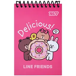 Блокнот Yes 100x150 мм, 60 арк. пласт. спіраль "Line Friends Donut" з фігурною висічкою, клітинка