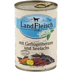 Консерви для собак LandFleisch Adult Dog mit Geflugelherzen und Seelachs (пташине серце, сайра) 400 г