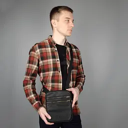 Сумка чоловіча шкіряна Handycover 0506 чорна плоска через плече - мініатюра 7