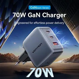 Зарядний пристрій Vention 2xUSB-C PD70W + 1xUSB QC3.0 22.5W GaN gray (FEXH0-EU) - мініатюра 2