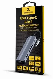 Хаб USB Cablexpert "8-in-1", Grey, Type-C 3.1 - 1xType-C (87 Вт) / 2xUSB 3.1 / HDMI 4K / VGA / microSD / SD / 3.5 мм, кабель 12 см, алюмінієвий корпус (A-CM-COMBO8-02) - мініатюра 3