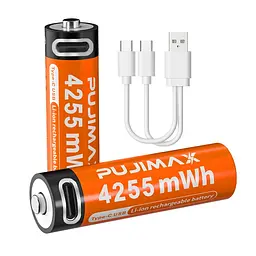 Акумулятори пальчикові AA з входом USB Type-C 4255mWh 1.5V акумуляторні батареї з роз'ємом для заряджання Pujimax 2шт з кабелем