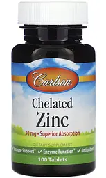 Цинк хелатний (Chelated Zinc) 30мг 100 таблеток, зміцнює імунітет людини, "Carlson Labs"