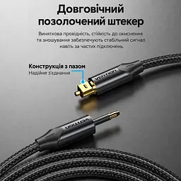 Оптический аудиокабель Vention 1 м тослинк S/PDIF штекер Toslink к штекеру Mini Toslink 3,5 мм наружный диаметр кабеля 4,5 мм оболочка PVC с хлопковой оплёткой чёрный с золотистыми частями штекеров (BKCBF) - миниатюра 8