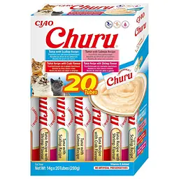 Вологі ласощі для котів INABA Churu вершковий мус в стіках Різновиди тунця та морепродуктів 14 г (20 шт в упаковці)