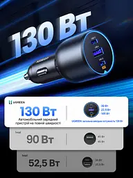 Автомобільний зарядний пристрій UGREEN EC705 2 USB-C PD + USB-A до 130 Вт USB-C1 30 Вт + USB-C2 100 Вт одночасно USB-A до 22,5 Вт (35025) - мініатюра 10