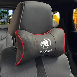 Подушка на підголовник з логотипом Skoda Екошкіра 3D Кольоровий лого Чорний-Червоний кант 1 шт