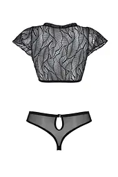 Комплект Passion LEAFA BIKINI black S/M, бюстгальтер-топ з рукавчиками, стрінги-шортики з вирізом - мініатюра 4