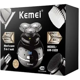 Електробритва для чоловіків Kemei Km-1109 роторна для вологого і сухого гоління з плаваючими головками та тримером 5в1 чорна - мініатюра 4