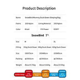 Спальний мішок з натуральним пухом Naturehike Snowbird NH20YD001 (розмір L) 980 г Коричневий - мініатюра 8