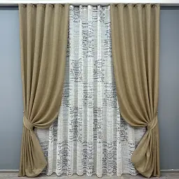 Комплект штор з тюлем VR-Textil Льон Мішковина, капучино з білим, 2 штори 100×270 см + тюль 300×270 см, арт. 71-063/1