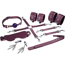 Набір Feral Feelings BDSM Kit 7 Burgundy, наручники, поножі, конектор, маска, падл, кляп, затискачі