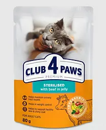 Влажный корм для стерилизованных котов Club 4 Paws Sterilized с говядиной в желе 80 г B5612311