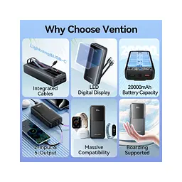 Батарея універсальна Vention 20000 mAh 22.5W with Built-in USB-C and Lightning Cables (FHPB0) - мініатюра 6
