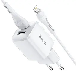 Адаптер мережевий HOCO Lightning Cable Briar dual port charger set N8 2 порти USB 2.4A білий - мініатюра 3