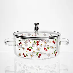 Каструля скляна  Yiwu  Cherry 2.4 л з кришкою та металевим ведмедиком біла Yiwu HP-GP-27