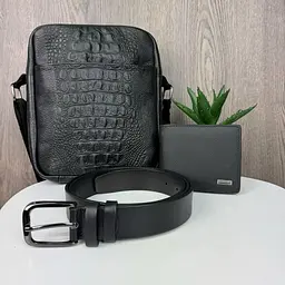 Набір сумка чоловіча шкіряна через плече чорна під крокодила + шкіряний ремінь + гаманець