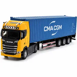 Металева вантажівка Scania S730 1:50, фура-контейнеровоз з трейлером, світяться фари, звук двигуна, інерція