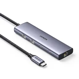 USB-C хаб UGREEN CM512 6-в-1 2 порти USB-C 3.2 Gen 2 до 10 Гбіт/с і 1 порт USB-A 3.2 та 1 порт USB-A 2.0 гігабітний Ethernet RJ45 10/100/1000 Мбіт/с порти USB-C 3.2 лише для передавання даних без виведення відео та заряджання окремий вхід USB-C 5 В для додаткового живлення хаба й периферії для розширення USB-портів смартфона чи планшета з USB-C та підтримкою USB Host у режимі OTG вбудований кабель USB-C до хоста довжиною 0,3 м темно-сірий Space Gray (45320)