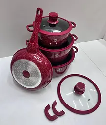 Набір каструль і сковорода Higher Kitchen HK-305, Набір посуду з антипригарним покриттям (Червоний, Чорний) - мініатюра 3