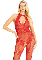 Бодістокінг Leg Avenue Rhinestone Lace and Net, One Size, червоний, зі стразами, відкритий доступ - мініатюра 1