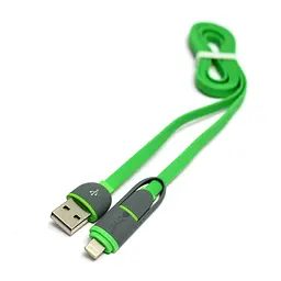 Кабель PowerPlant Quick Charge 2A 2-в-1 flat USB 2.0 AM – Lightning/Xiaomicro 1м green