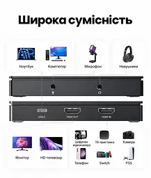 Зовнішня карта відеозахоплення UGREEN CM630 із входом HDMI та захопленням через USB-C наскрізний вихід HDMI до 4K 30 Гц захоплення до 2K 30 Гц мікрофонний вхід 3,5 мм вихід 3,5 мм для навушників із підтримкою гарнітури для OBS та Potplayer у комплекті HDMI-кабель та USB-кабель даних і живлення чорна (15390) - мініатюра 2