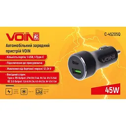 Автомобільний зарядний пристрій Voin 45W, 1USB QC3.0 18W + 1PD 27W 12/24V (C-45205Q) - мініатюра 4