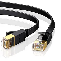 Плаский мережевий Ethernet-шнур UGREEN NW106 5 м товщина 2,1 мм патч-корд LAN-кабель штекери RJ45 на обох кінцях Cat 7 до 10 Гбіт/с 600 МГц сумісний з PoE-обладнанням для прокладання під килимами та вздовж стін 20 настінних кліпс і пилозахисні ковпачки для обох штекерів екранування U/FTP жили з чистої міді чорний (11263)