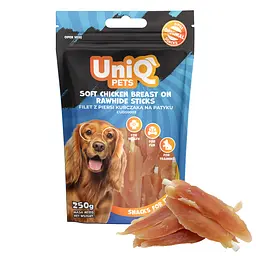 Ласощі для собак UniQ PETS М'яка куряча грудка на сиром'ятних паличках 250 г