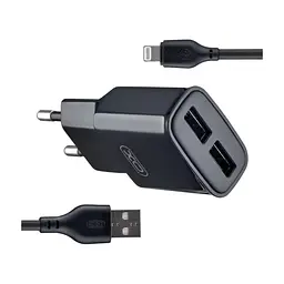 Зарядний пристрій XO L92C (2USB/2.4A) + USB - Lightning Чорний (XO-L92C-L)