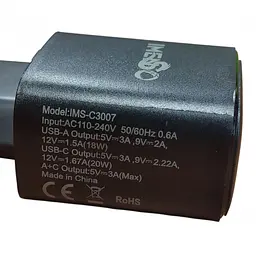 Зарядний пристрій IMS-C3007 20W, мережевий блок живлення, 2 порти USB і Type-C, чорний - мініатюра 4