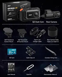 Двоканальна камера IIWEY 4K Dash Cam спереду ззаду, 3-дюймовий IPS-екран, 5G Wi-Fi 64GB SD-карта в комплекті, 4K 2160P - мініатюра 2