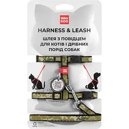 Шлея з повідцем для котів та дрібних порід собак Waudog Nylon з QR-паспортом, Мілітарі, пластиковий фастекс, XS, 25-40х1см