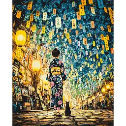 Картина за номерами "Японська ніч. Дівчина з котом" Origami LW3515, 40х50 см