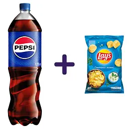 Набір: напій Pepsi Cola безалкогольний сильногазований 1.25 л + чипси Lay's зі смаком сметани і зелені 120 г