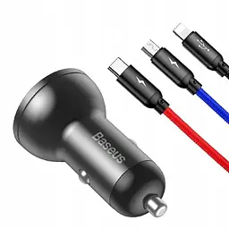 АЗП Baseus Digital Display Dual USB 4.8A Car Charger with 3-in-1 Cable USB 1.2M Grey