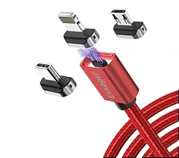 Магнітний кабель червоний ESSAGER (micro USB Type-C, Lightning) 1метр