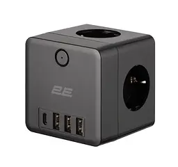 Мережевий фільтр-адаптер-трійник 2E AD431-BK 3xТип F, 16 А, 2xUSB-A, 1x USB-C